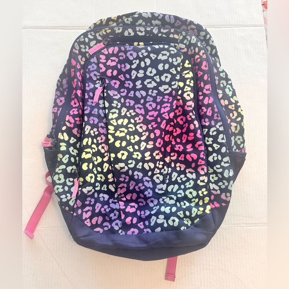🌈 Lands’ End Leopard Print Backpack – Multicolor Ombre with Pink Straps